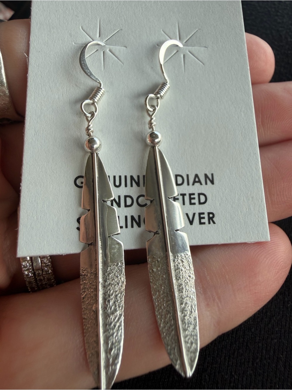 Navajo Handmafe Sterling Silver Feather Dangle Earrings - Silver
